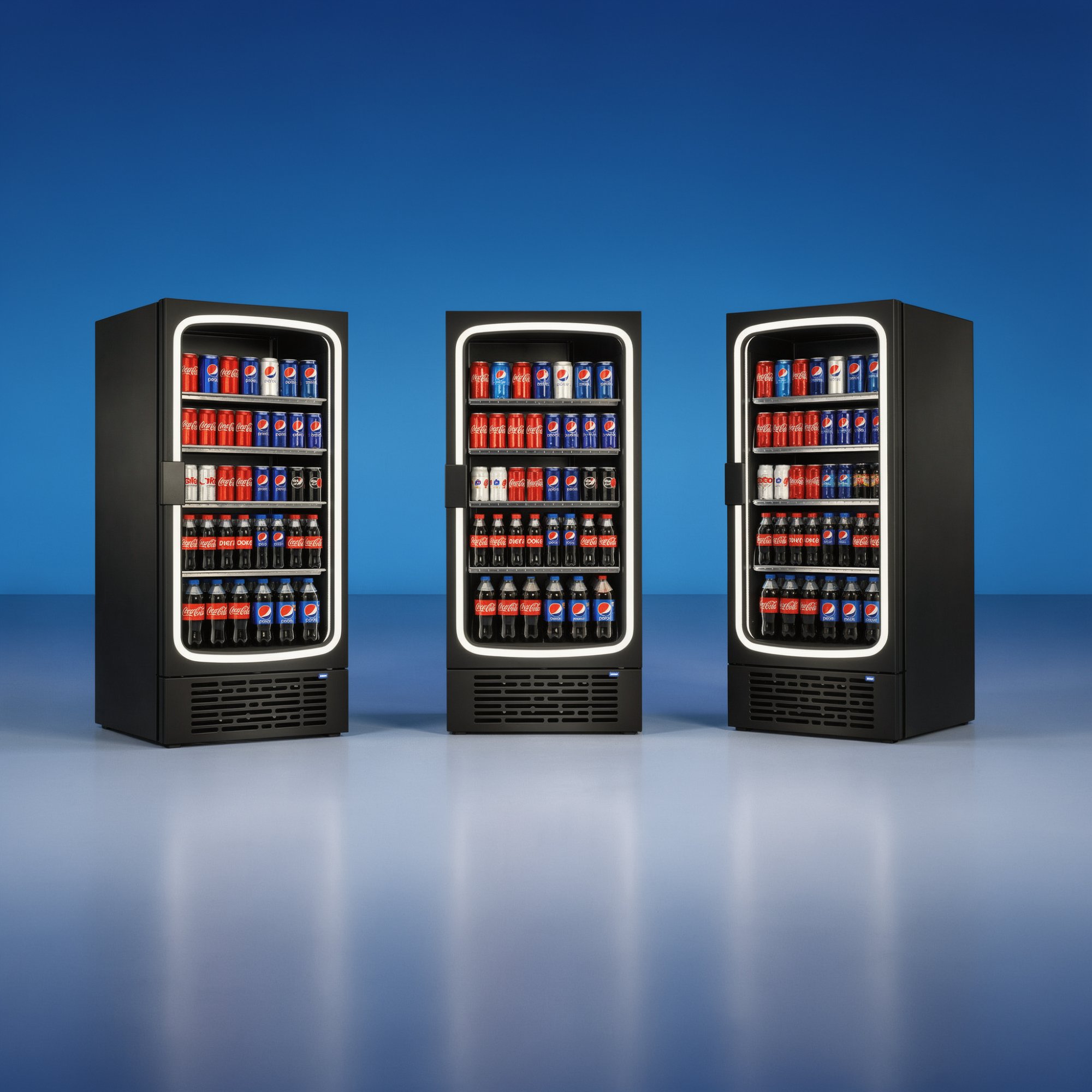 Three Seaga commercial beverage coolers side by side